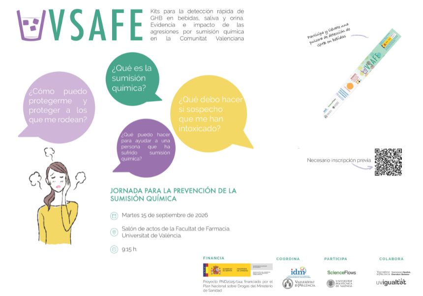 Imagen del evento:cartel que anuncia el taller de sumisión química con una mujer que está con tubos de ensayo